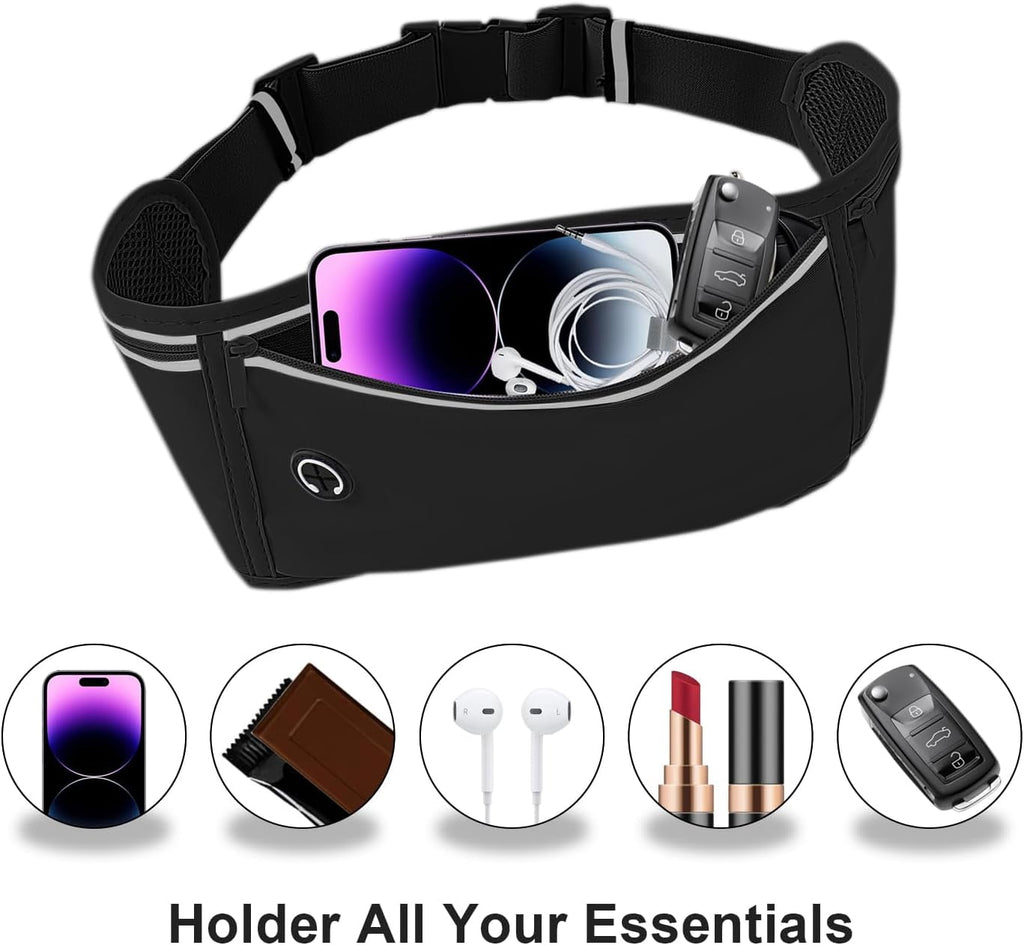 Slim Running Belt for Women Men,Runners Fanny Pack Phone Holder,Money Belt,Running Gear Accessories,with 3 Pockets(Black)