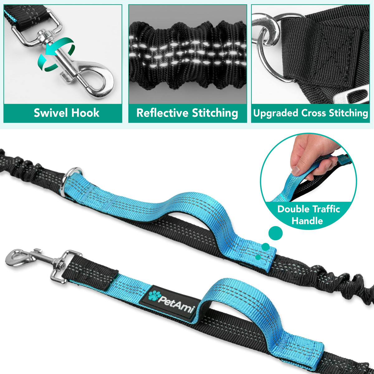 PetAmi Premium Hands Free Dog Leash for 2 Dogs, Adjustable Waist Belt Leash for Dog Walking, Fanny Pack Accessories Bag Dual Bungee Leash for Running, Hiking, Jogging, Biking, Charcoal Grey