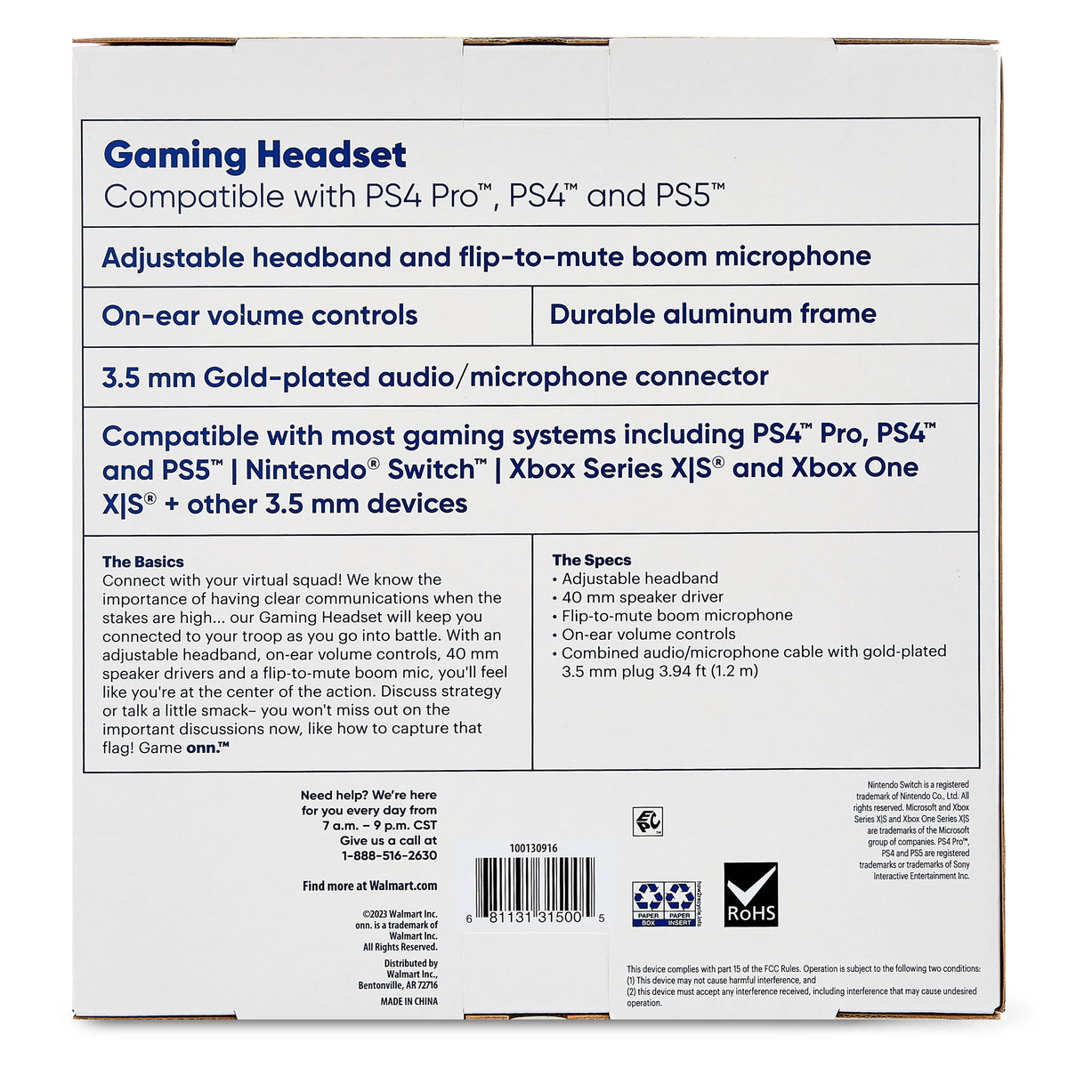 onn Wired Gaming Headset Compatible with PlayStation PS4 and PS5, Black and White