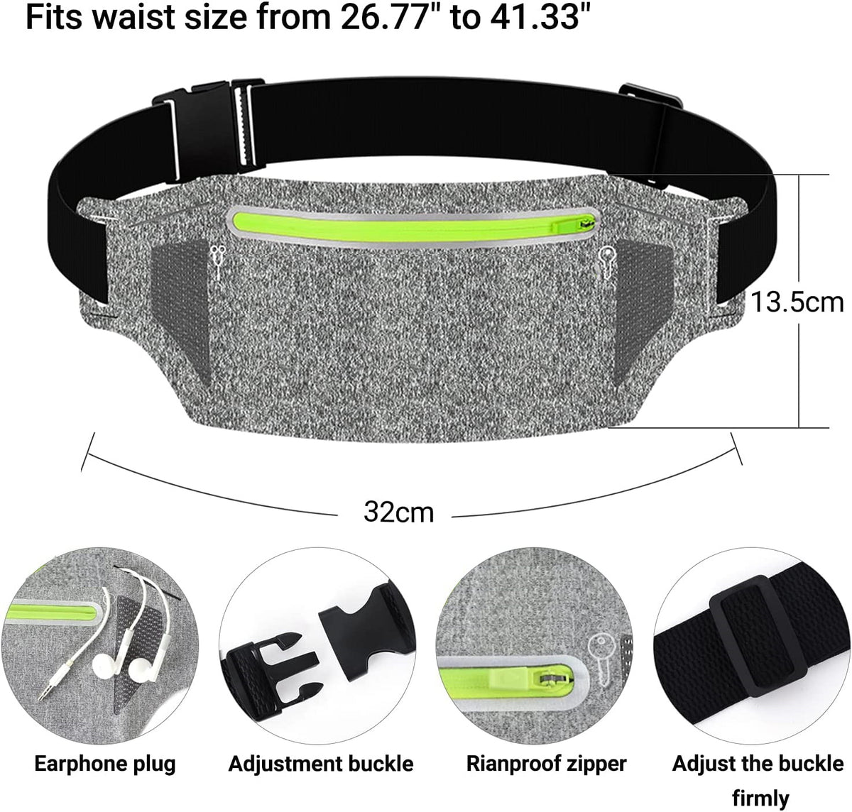 Bontime Ultra Slim Reflective Running Belt, Fits iPhone, Keys & Money, Adjustable Fanny Pack, Black