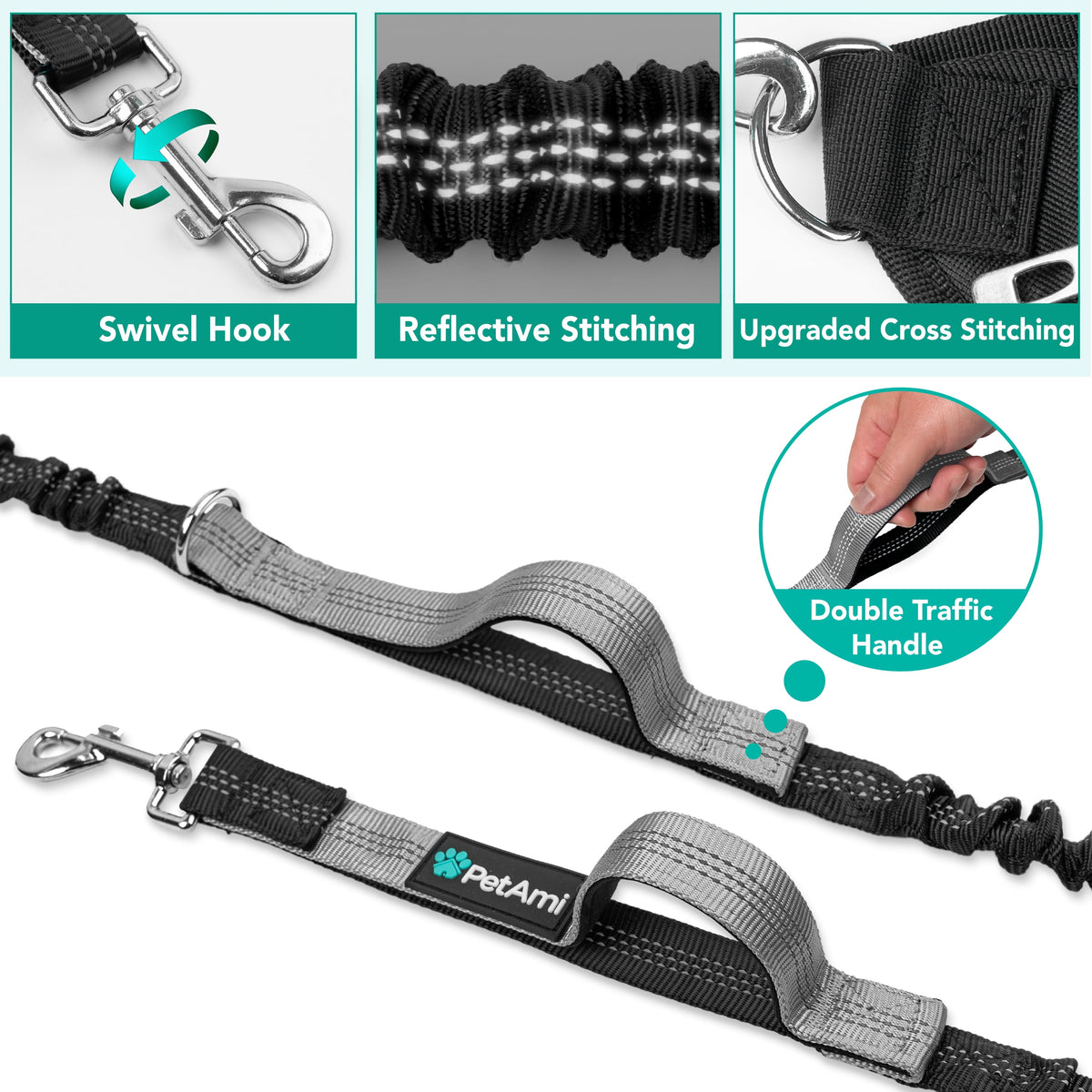PetAmi Premium Hands Free Dog Leash for 2 Dogs, Adjustable Waist Belt Leash for Dog Walking, Fanny Pack Accessories Bag Dual Bungee Leash for Running, Hiking, Jogging, Biking, Charcoal Grey
