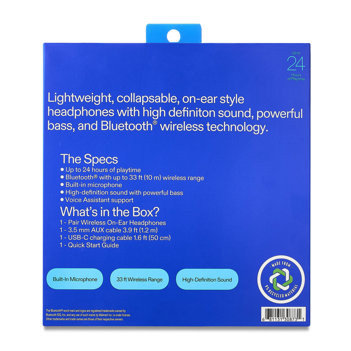 onn Wireless On-ear Headphones with Bluetooth, Black