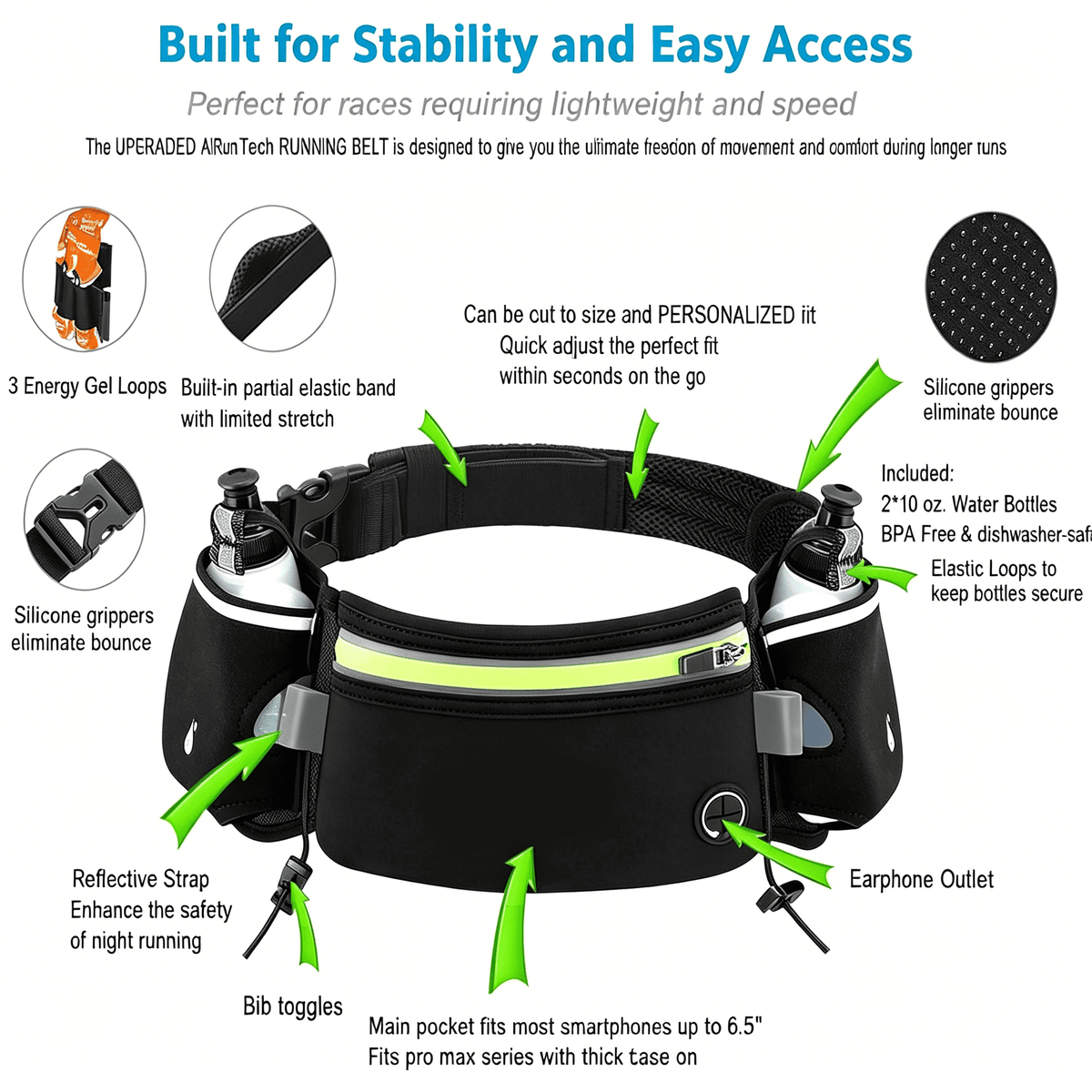 GASTROPOD Hydration Running Belt with Water Bottle,Running Fanny Pack for Phone and Wallet Holder,Running Bag Runners Essentials Accessories Marathon Triathlon Walking Jogging Gear