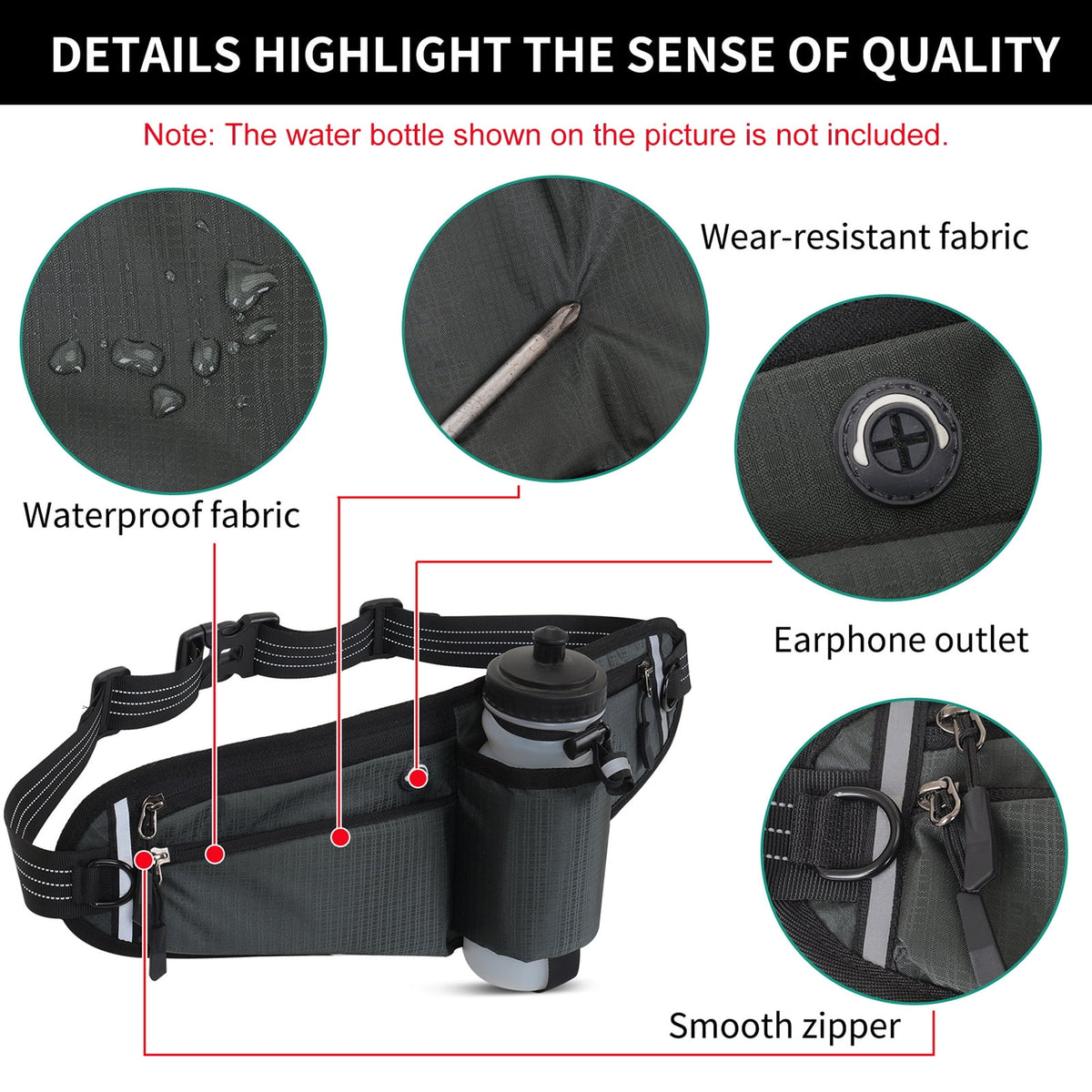NFTIGB Running Belt Waist Pack Adjustable Hydration Bag with Water Bottle Holder for Runners Men Women, Black (10.63 inches / 27 cm)