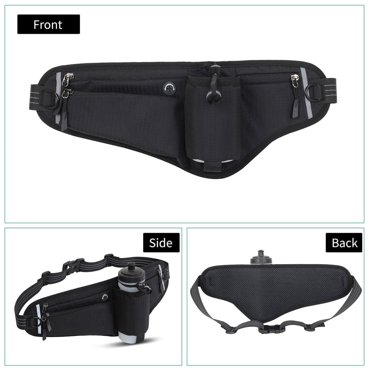 NFTIGB Running Belt Waist Pack Adjustable Hydration Bag with Water Bottle Holder for Runners Men Women, Black (10.63 inches / 27 cm)