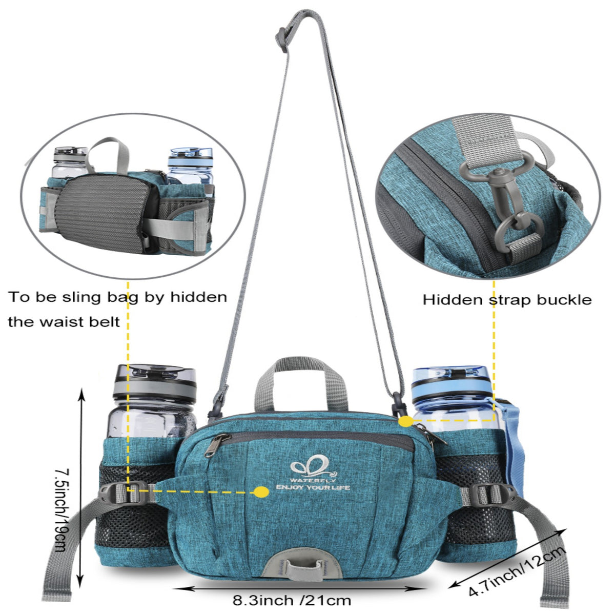 WATERFLY Unisex Large Capacity Hiking with Bottle Holder Nylon Fanny Pack Waist Bag,Gray