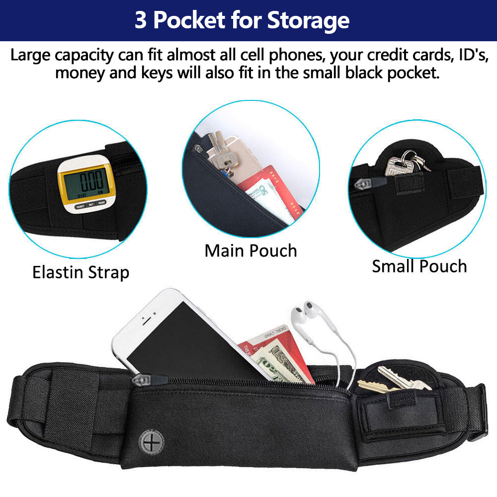 IClover Running Waist Bag Fanny Pack / Hip Pack Pouch for Man Women Sports Travel Hiking / Money for iPhone 16/15/14/ Pro Max/13/12/Pro/Max Samsung Note 20/S23 Ultra/Plus Black All Sizes