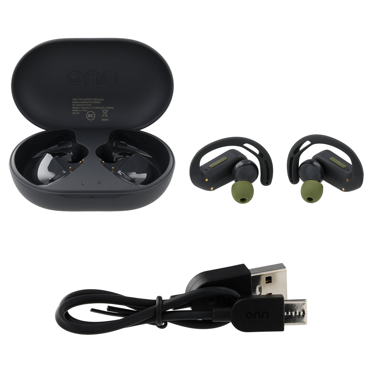 onn Wireless Sport Earbuds with Comfort Grip Ear Hooks, Black