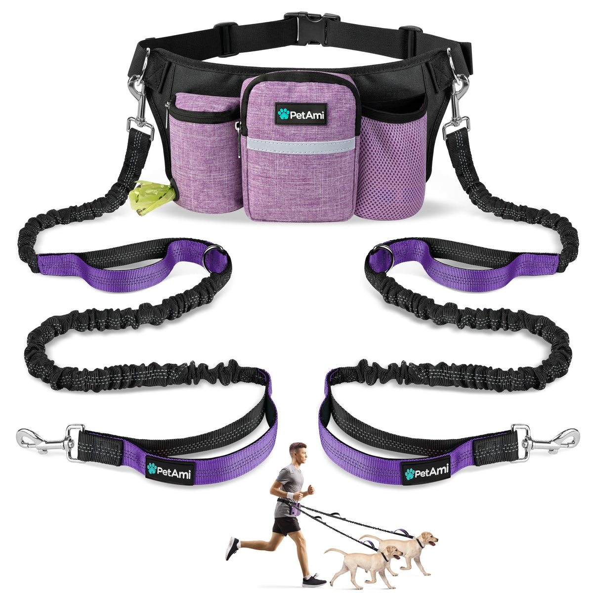 PetAmi Premium Hands Free Dog Leash for 2 Dogs, Adjustable Waist Belt Leash for Dog Walking, Fanny Pack Accessories Bag Dual Bungee Leash for Running, Hiking, Jogging, Biking, Charcoal Grey