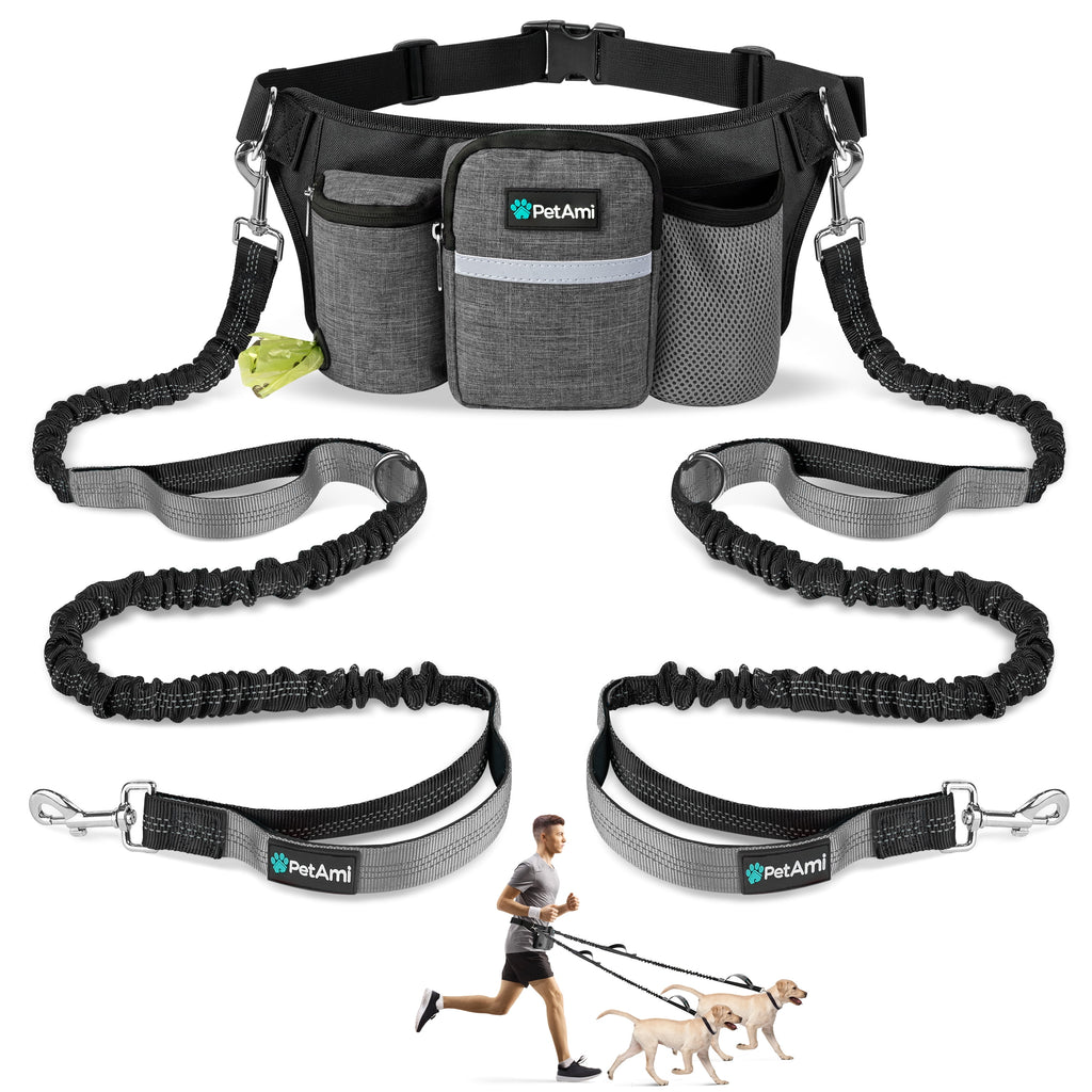 PetAmi Premium Hands Free Dog Leash for 2 Dogs, Adjustable Waist Belt Leash for Dog Walking, Fanny Pack Accessories Bag Dual Bungee Leash for Running, Hiking, Jogging, Biking, Charcoal Grey