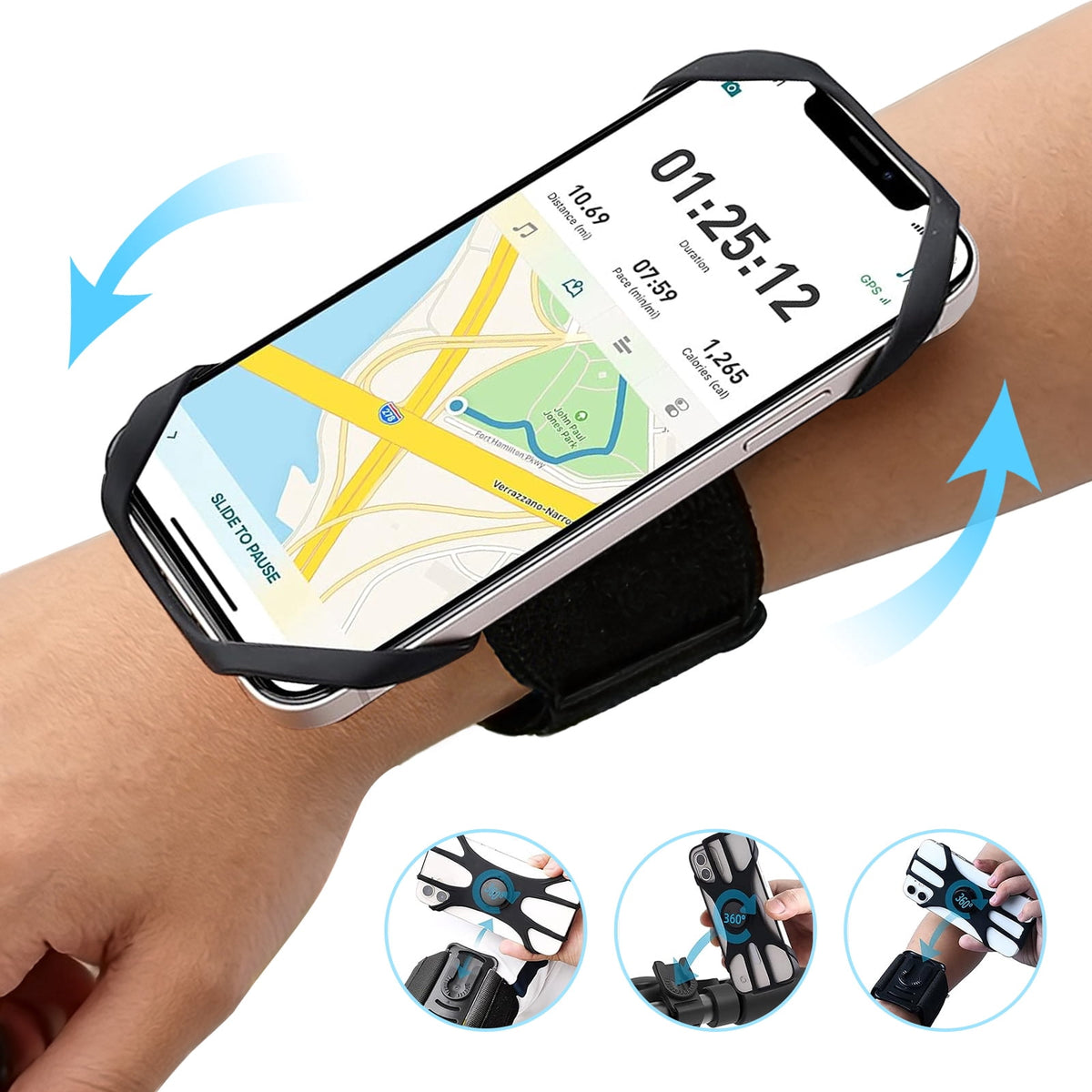 Somnr 3 in 1 Running Phone Armband, 360Rotatable Bike Phone Holder, with Rugged Case, Black