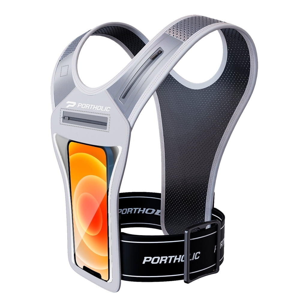 Running Vest with Cellphone Holder, PORTHOLIC Reflective Warnwest with Visible Phone Pouch, Adjustable Waistband and Muti-pockets for Sport, Jogging, Cycling, Walk the dog(GARY)