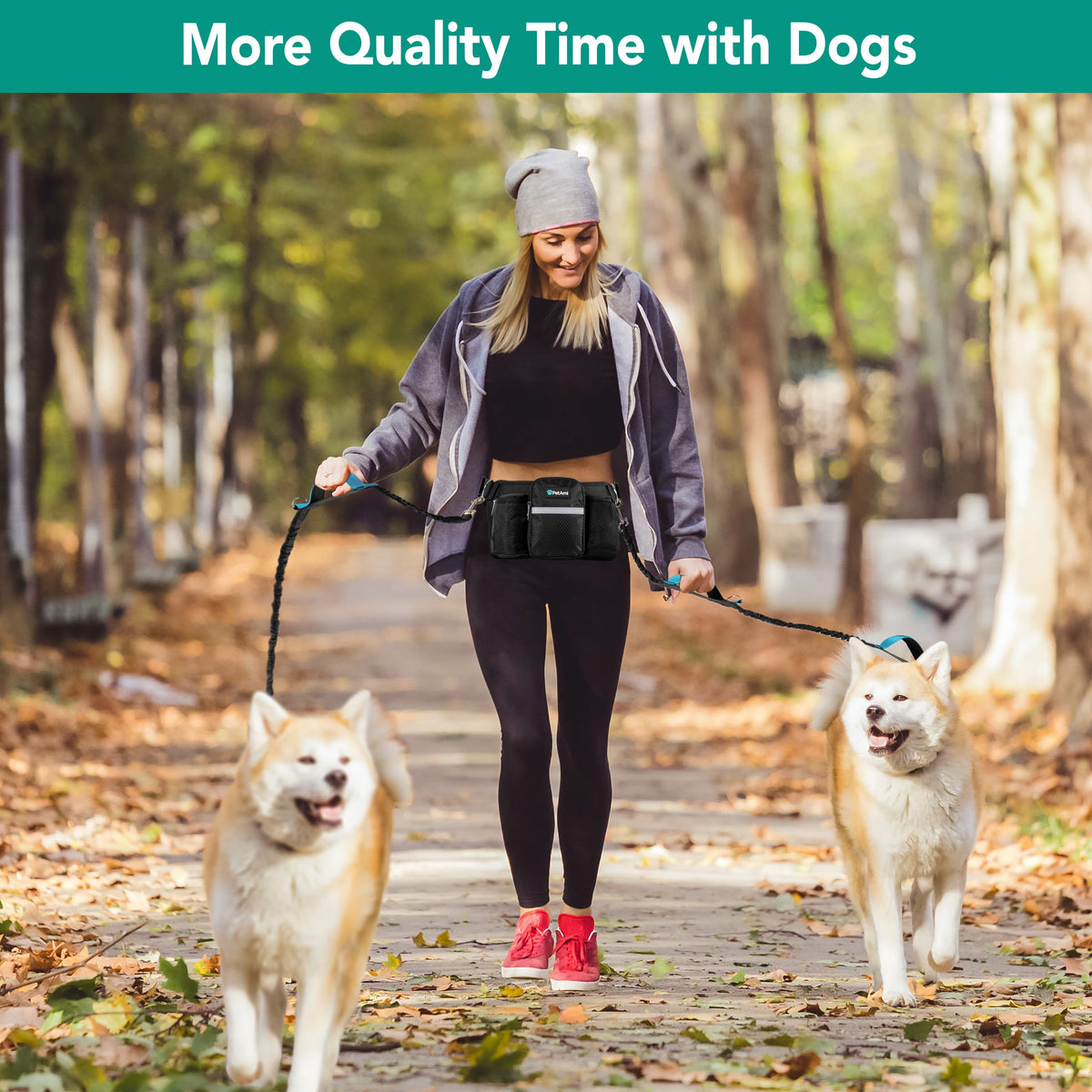 PetAmi Premium Hands Free Dog Leash for 2 Dogs, Adjustable Waist Belt Leash for Dog Walking, Fanny Pack Accessories Bag Dual Bungee Leash for Running, Hiking, Jogging, Biking, Charcoal Grey
