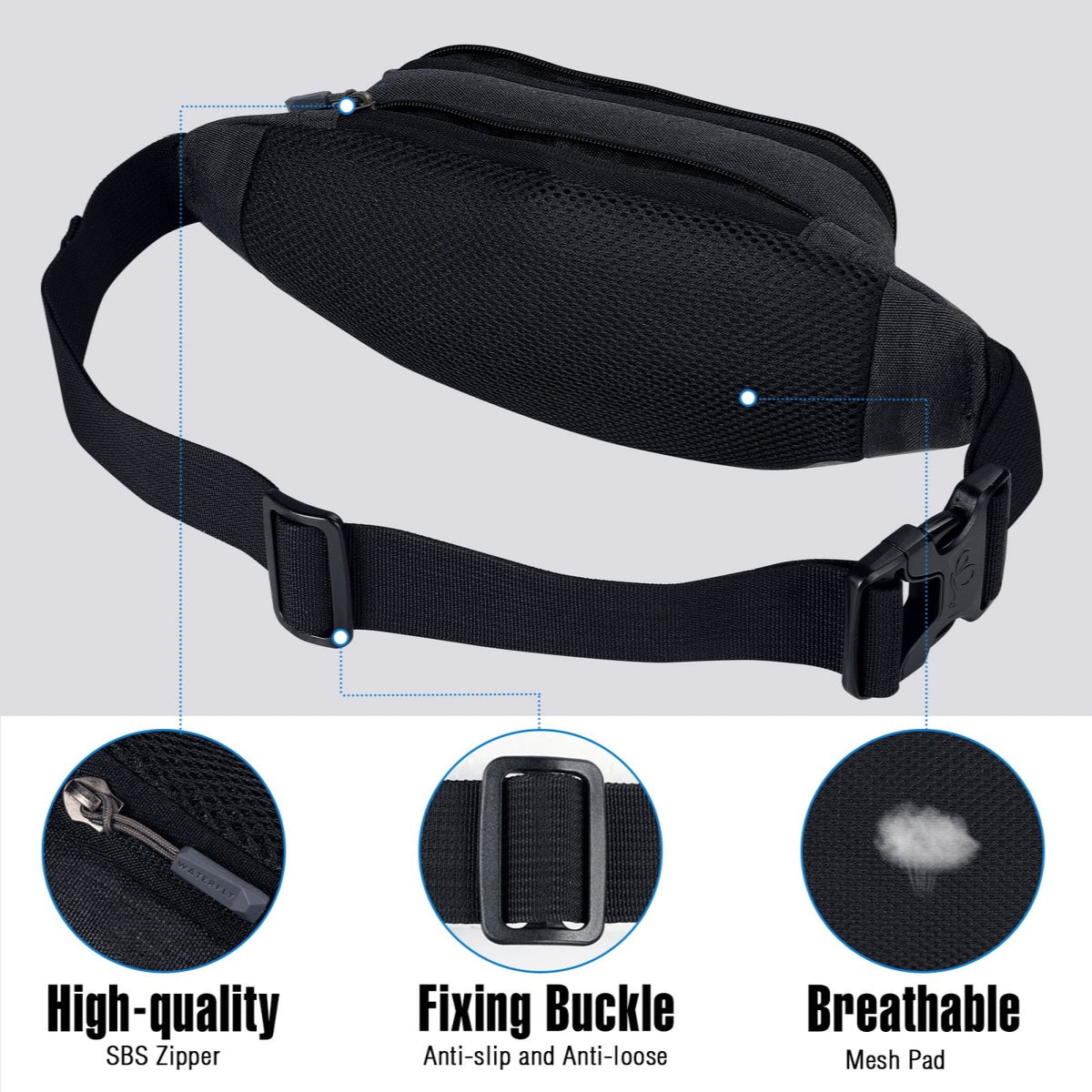 WATERFLY Unisex Lightweight Running Hiking Jogging Nylon Fanny Pack Waist Bag-Dark Blue