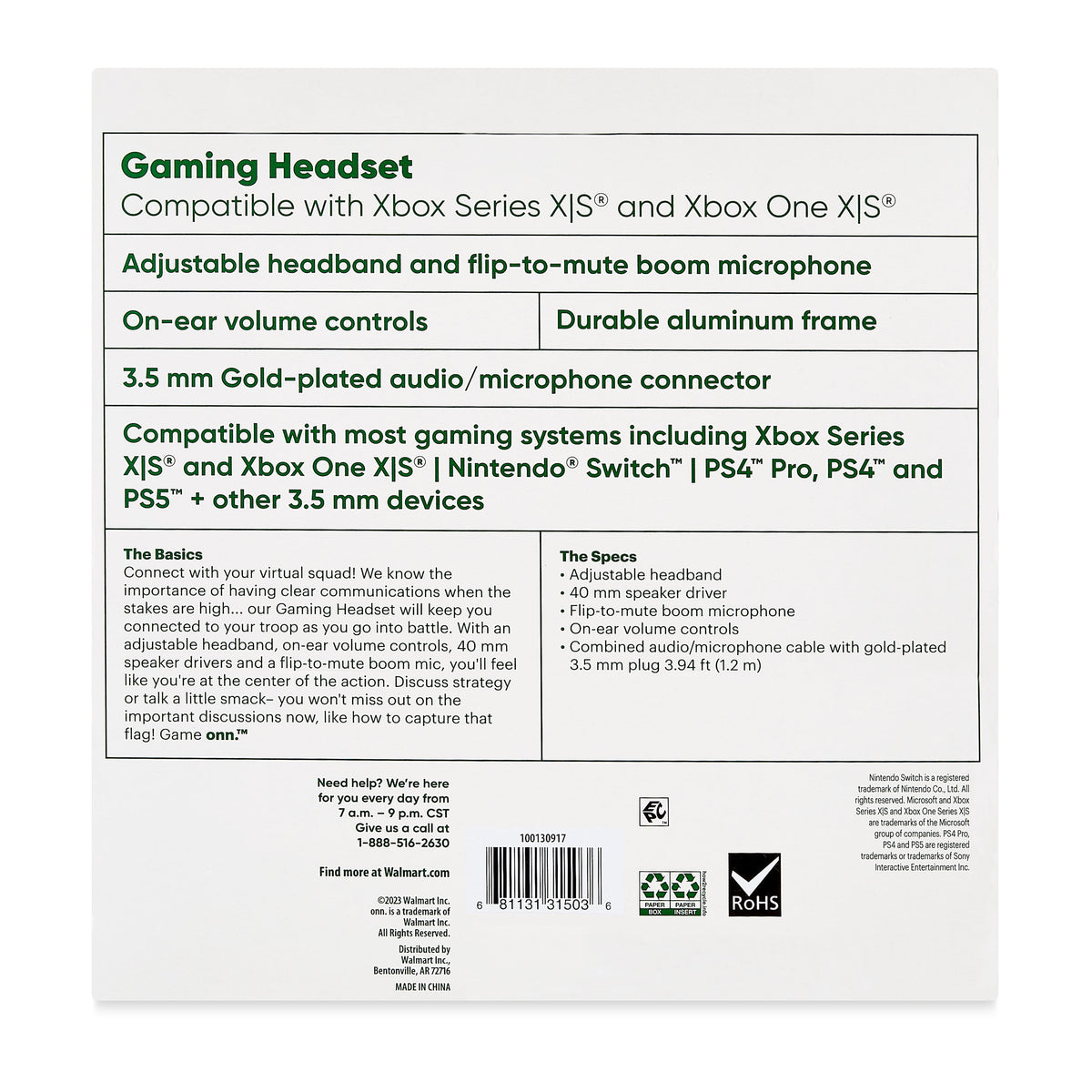 onn Wired Gaming Headset Compatible with Xbox Series X/S and Xbox One X/S, Black and Green