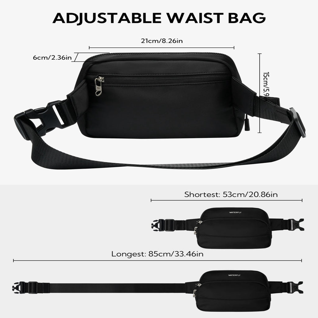 WATERFLY Unisex 2L Walking Hiking Travel Running Nylon Fanny Pack Waist Bag,Black