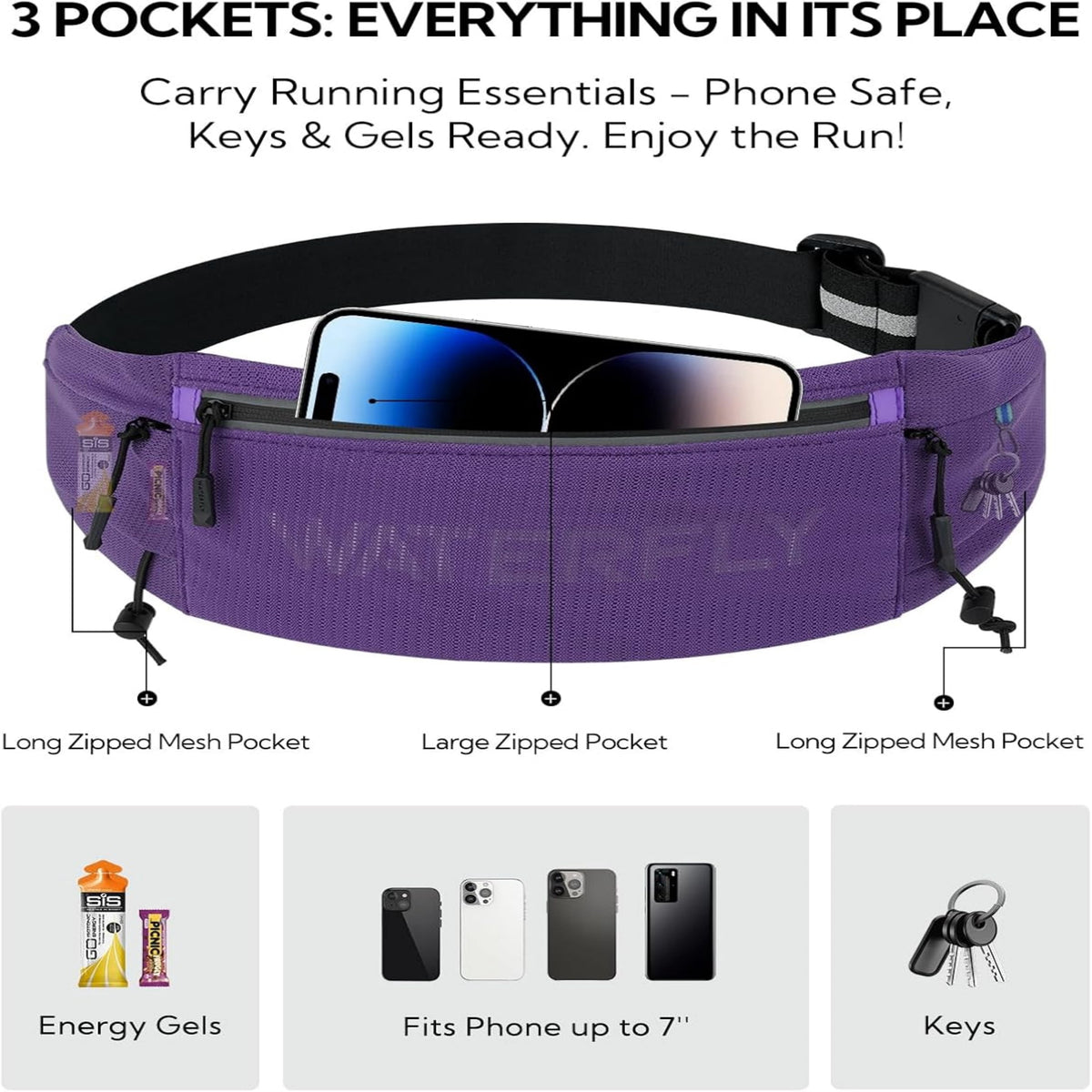 WATERFLY Unisex Adjustable Sports Jogging Fitness Nylon Running Waist Belt Band,Black