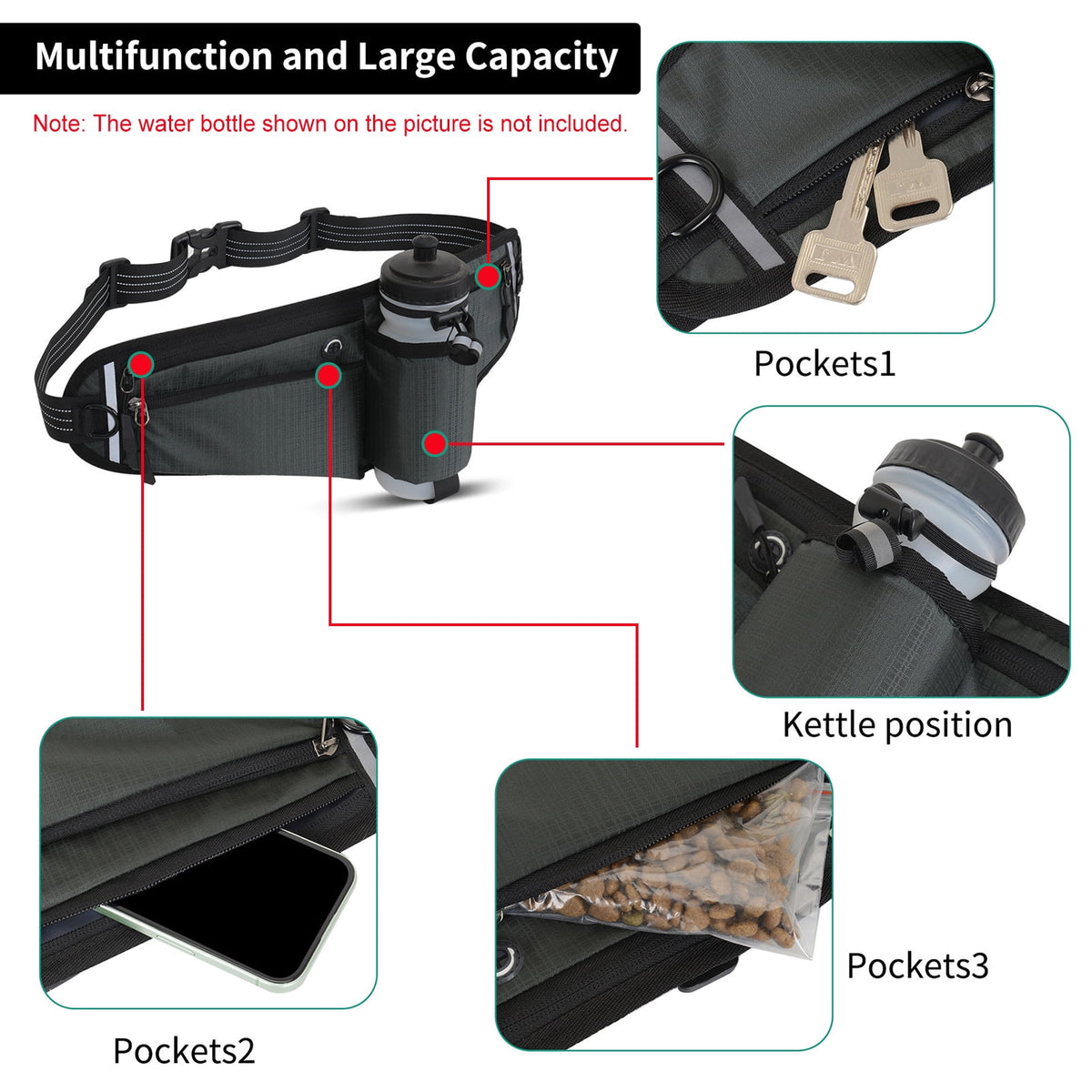 NFTIGB Running Belt Waist Pack Adjustable Hydration Bag with Water Bottle Holder for Runners Men Women, Black (10.63 inches / 27 cm)
