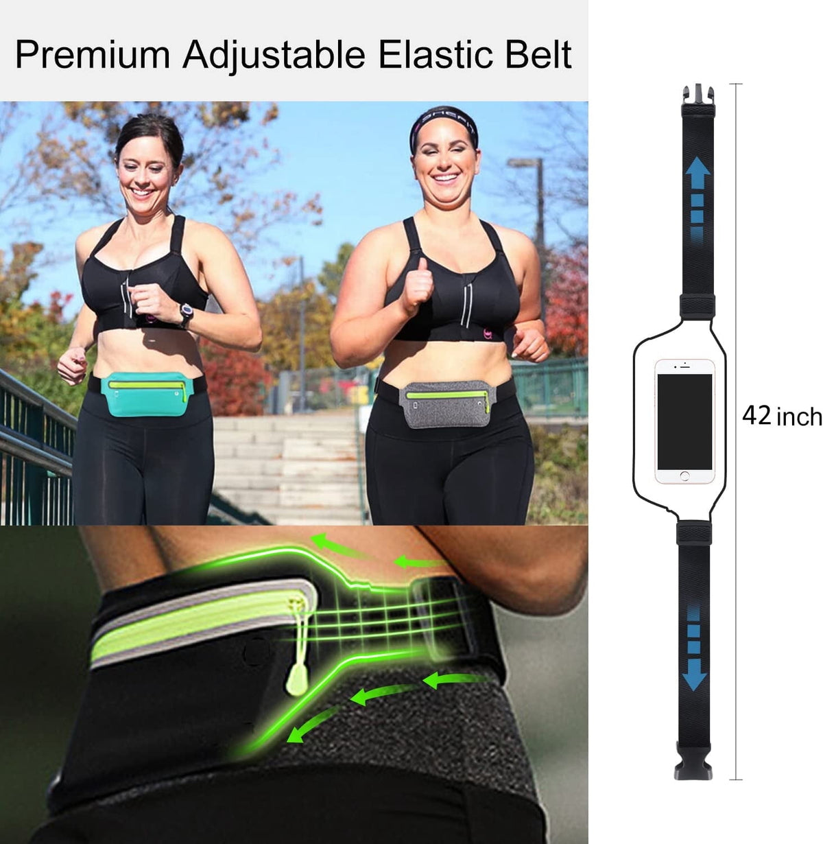 Bontime Ultra Slim Reflective Running Belt, Fits iPhone, Keys & Money, Adjustable Fanny Pack, Black